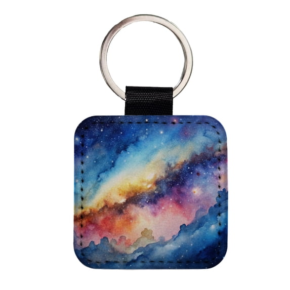 Milky Way Space Watercolor Design Stars Faux Leather Square Keychain