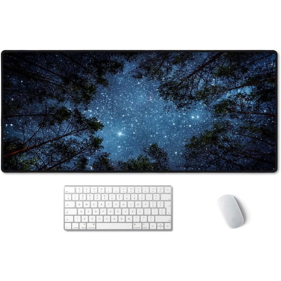 The Milky Way and The Trees Mouse Pad 35.4 x 15.7 Inch XXL Night Sky Full Desk Mousepad Extended Large Non-Slip Rubber Base Waterproof Big Keyboard Mat with Stitched Edges for Gaming and Office