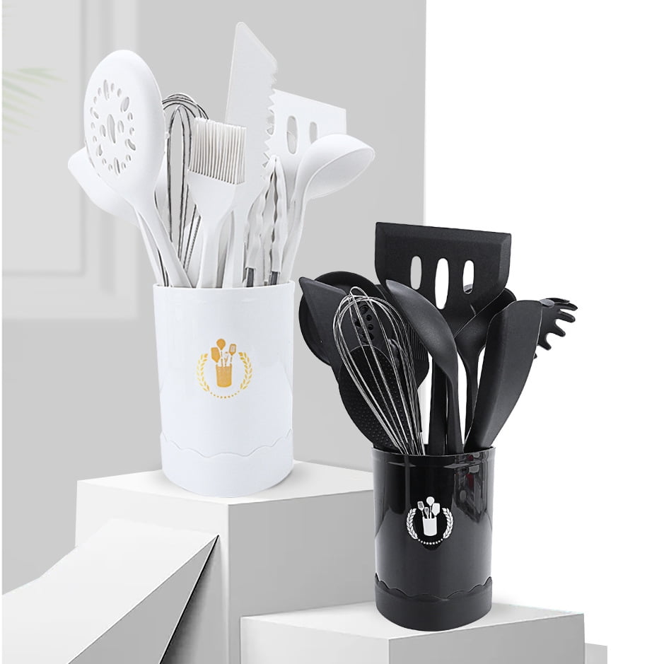 Milky White 12-Piece Silicone Kitchen Utensil Set With Wooden Handle ...