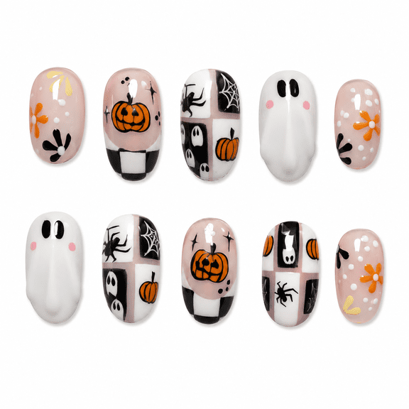 Milky White Halloween Ghost Pumpkin Press on Nails, Short Oval Glossy False Nails, 24 Count