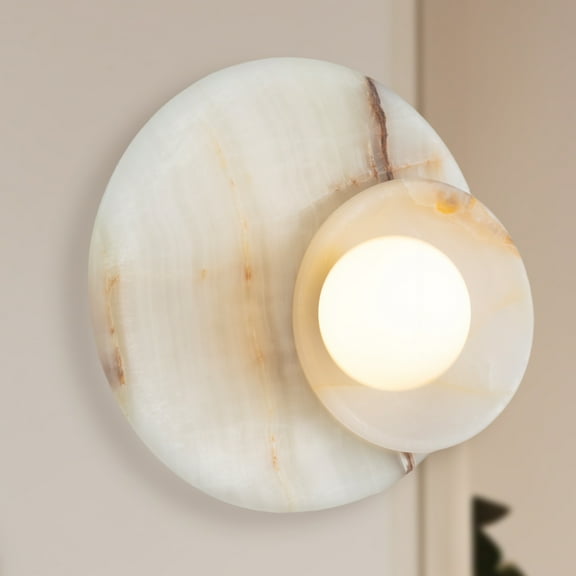 Milky White Onyx Wall Sconce, Round Natural Wall Mounted Light with Opaque White Glass Globe, Indoor Wall Light for Living Room, Entryway