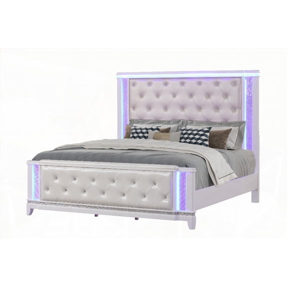 Milky White Opium King Bed with Modern Style and Lighted Headboard (NJ Inventory)