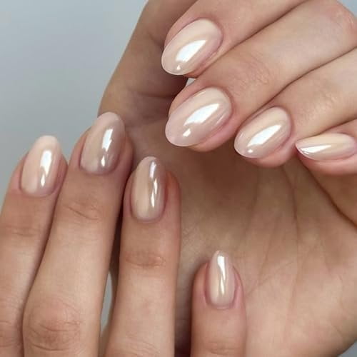 Milky White Press  Nails Short Oval-Bling Glazed Design Mirror White Glue  Nails, Salon Quality Glossy Shiny Full Cover Stick     with Full  Kit for Women 32 count