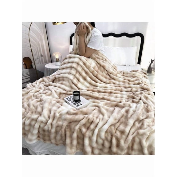 Milky White Thickened Faux Rabbit Fur Bubble Blanket, Extra Warm Winter Throw, King/Queen Size, Soft Cozy For Bed Sofa