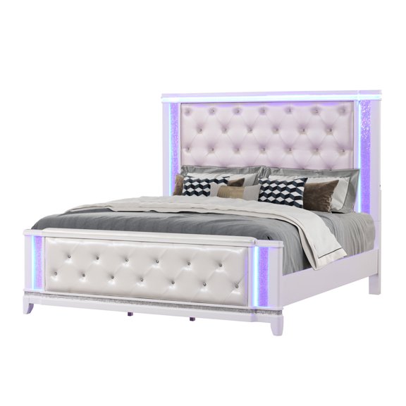Milky white queen bed with lighted and crystal - like headboard | Make your bedroom more inviting