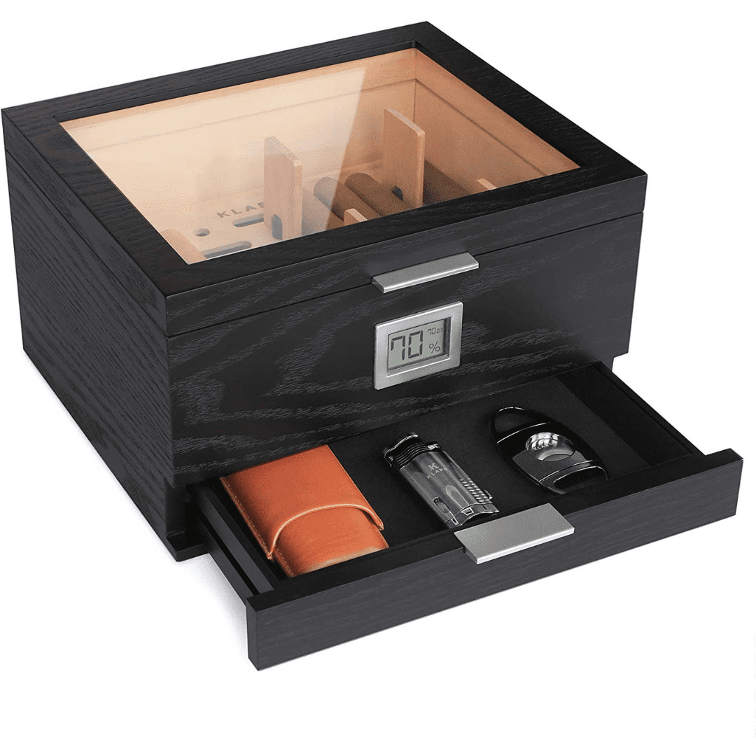 Matte Black Wood Humidor with Glass Top and Hygrometer
