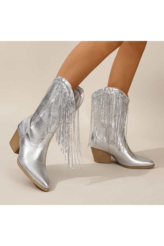 SHENZHYIQIMR Stylish Women‘s Mid Calf Boots with Tassel Decor Trendy Fashion Pointed Toe V-cut Cowboy Boots with Chunky Heels Comfortable Stacked Heel Slip On Boots for Women