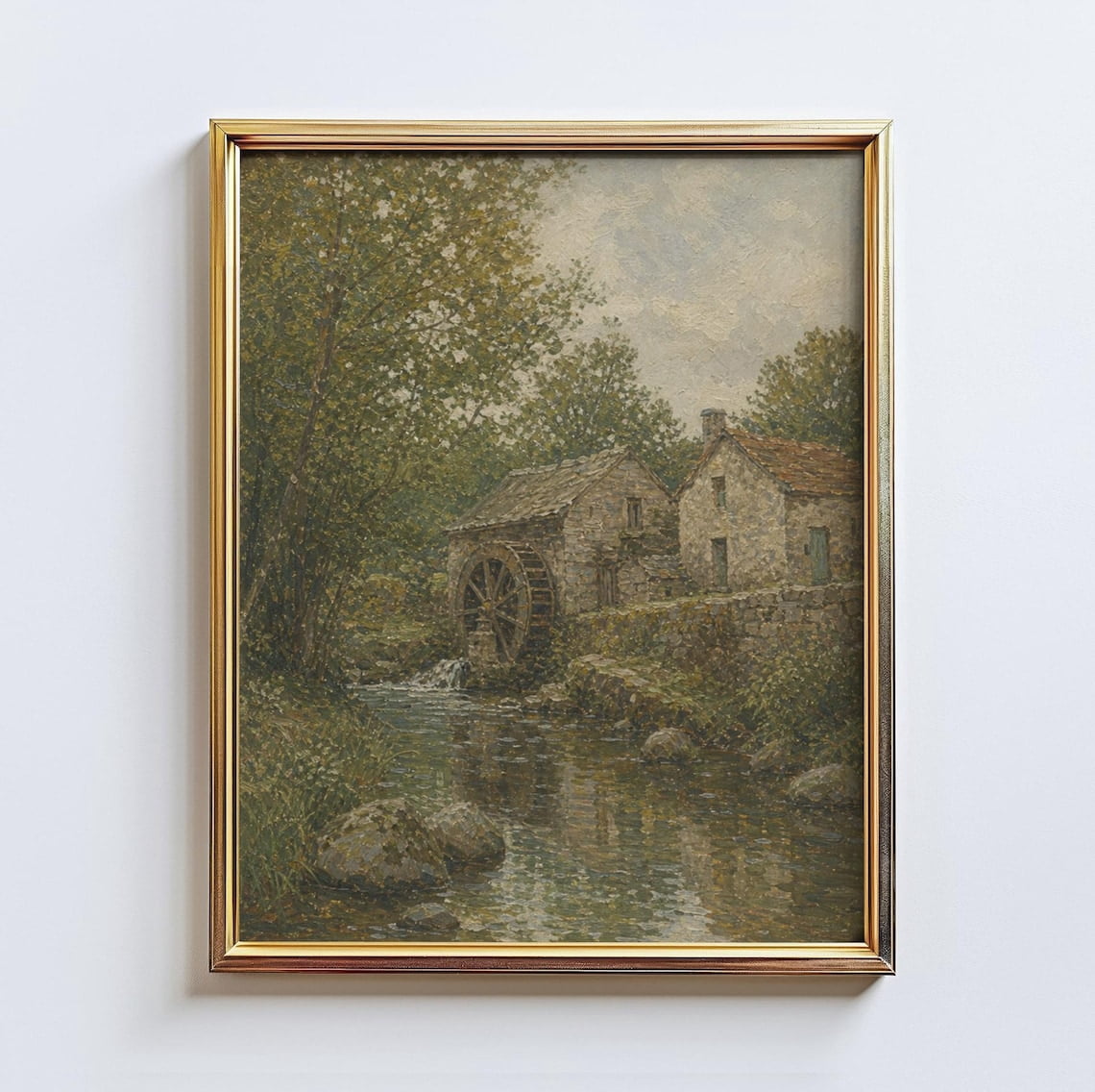 Rustic Simple Headstone Mill Stream Poster, Vintage Watermill, Rustic Stone Cottage ...