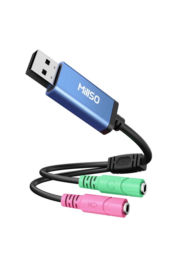 USB to 3.5mm TRS Headphone + Mic Jack Splitter, Audio External Sound Card for Dual-Plug Headset to Computer, Blue, 1 ft