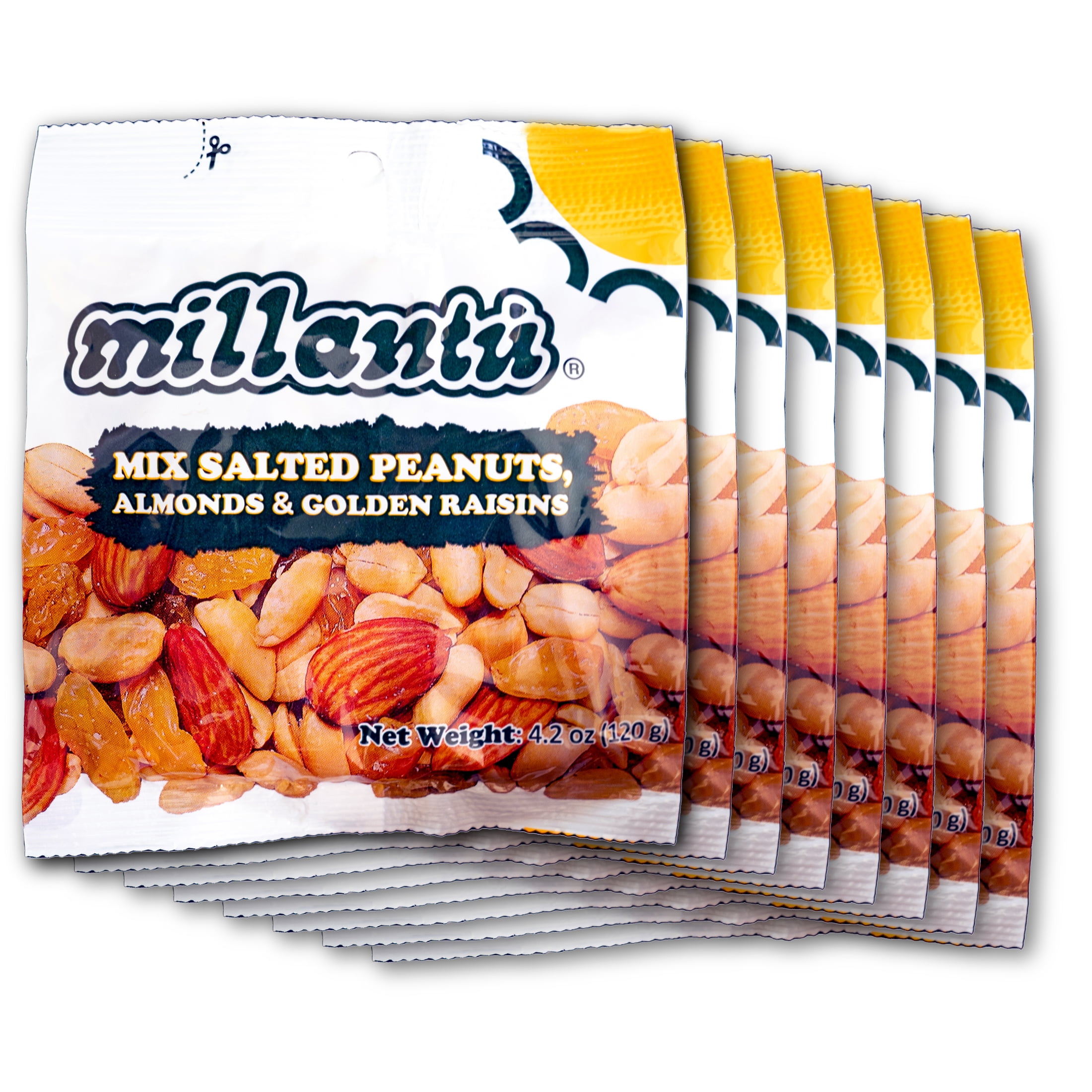 Millantu Premiun Mix Salted Peanuts, 4.2 Oz, Mix of Peanuts, Almonds and Raisins, (Pack of 8)