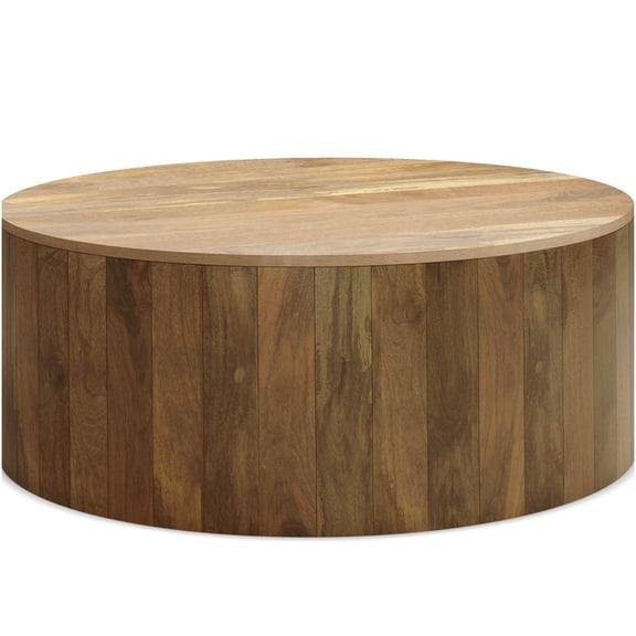 Millbury Solid Mango Wood Round Coffee Table, Natural Finish, Assembled Modern Cocktail Table for Living Room