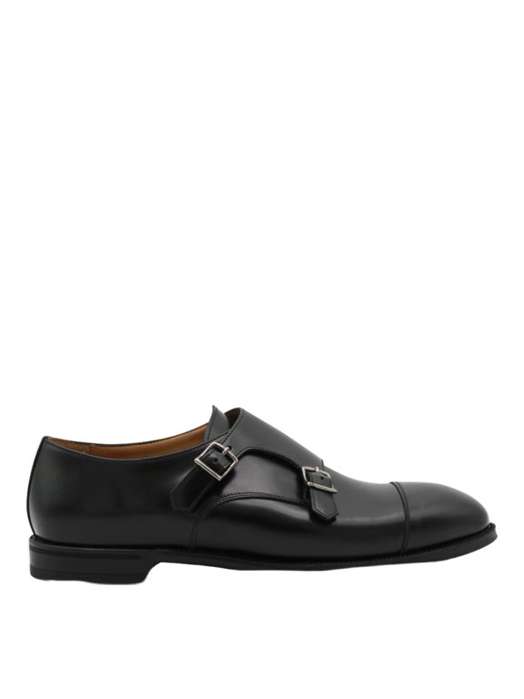 Double Monk Strap Black Leather Flat Shoes Black (Men's)