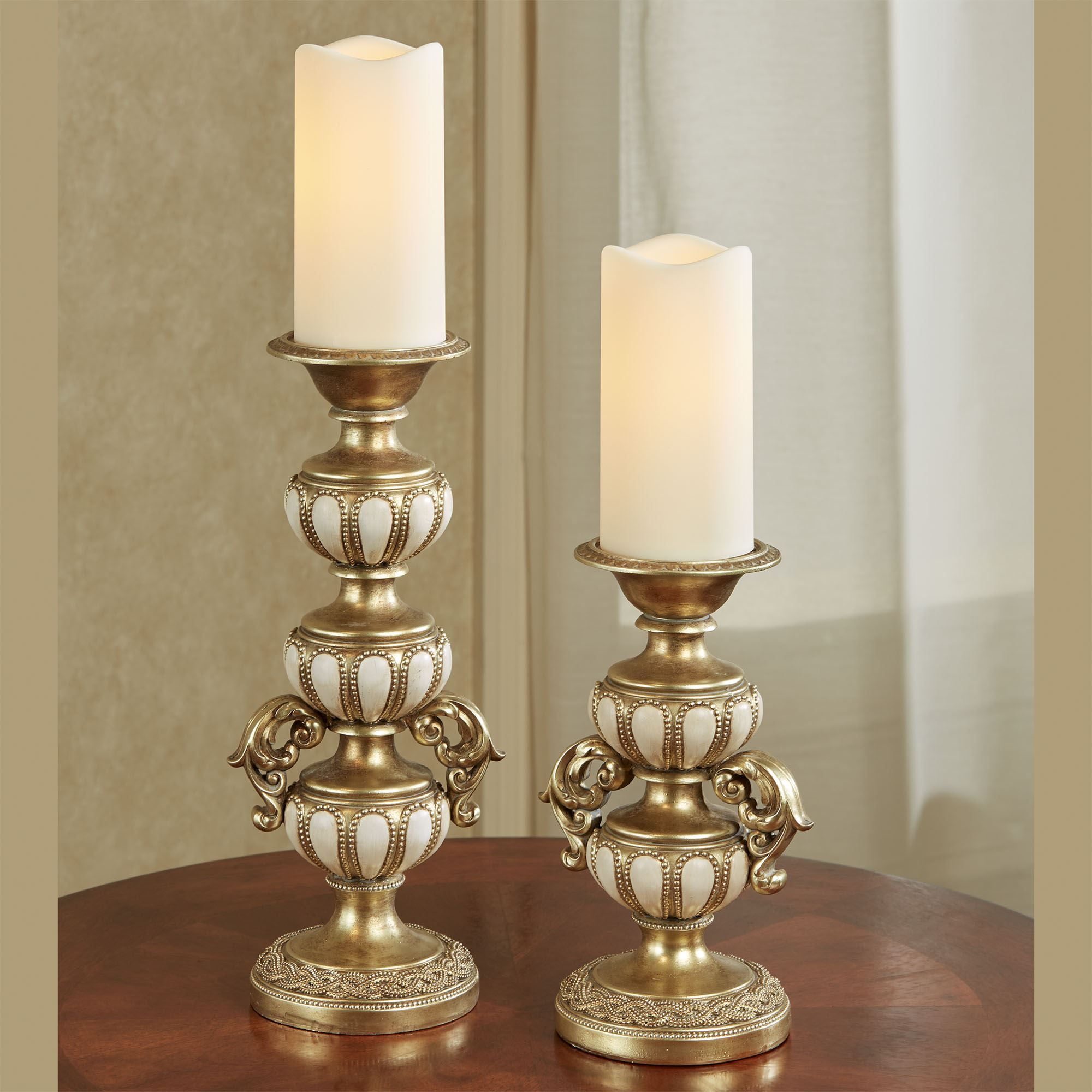 Millea Champagne Gold and Ivory Faux Marble Candleholders Set