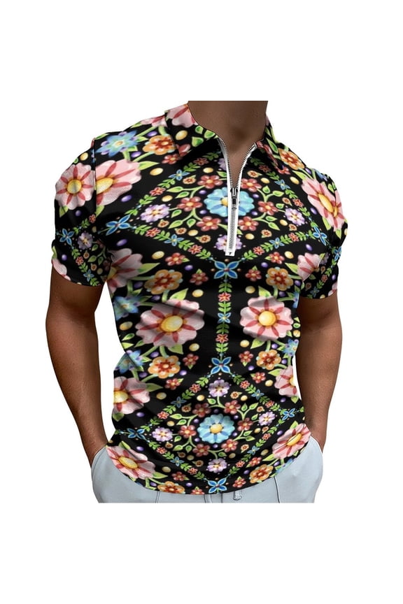 Millefiori Floral Flower Crown Men Zipper T-shirt Summer Casual Short Sleeve T-shirt Top