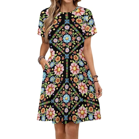 Millefiori Floral Flower Crown Short Sleeve Dress Women Summer Evening Dresses Ladies Sundress