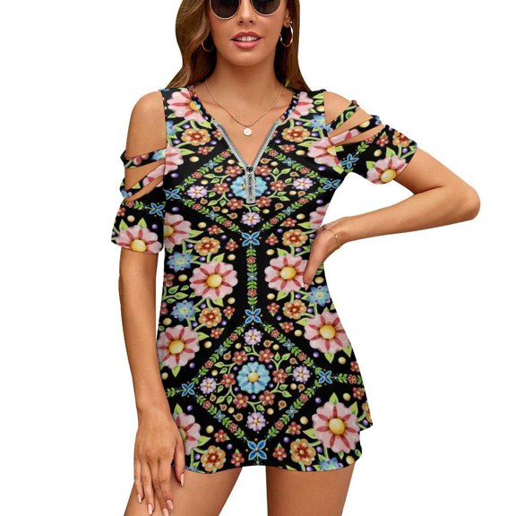 Millefiori Floral Flower Crown Womens Summer V Neck Zipper Top Short Sleeve T Shirt Off Shoulder Top Casual Classy Loose Shirts