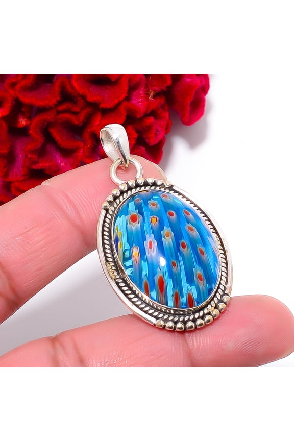 Millefiori Murano Glass Designer Handmade 925 Sterling Silver Pendant 1.87" P96657, Christmas Gift