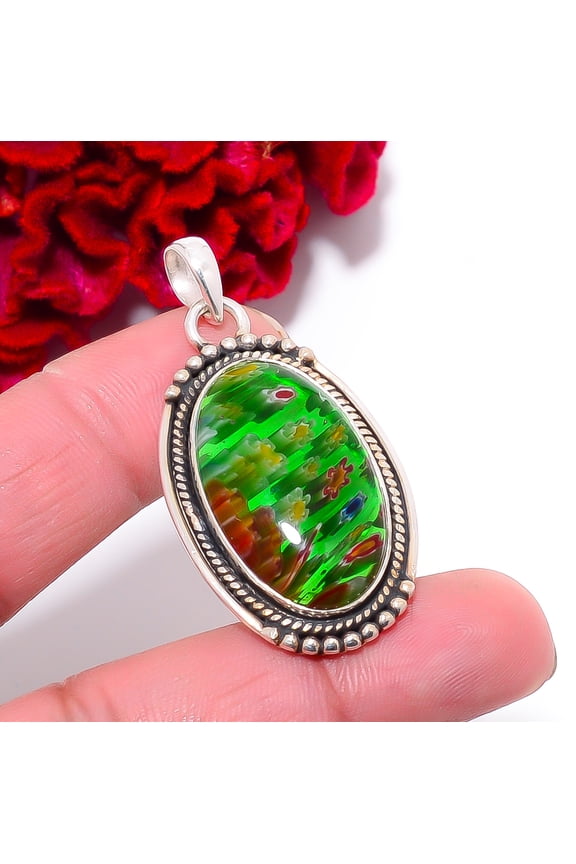 Millefiori Murano Glass Designer Handmade 925 Sterling Silver Pendant 1.95" P9664, Christmas Gift