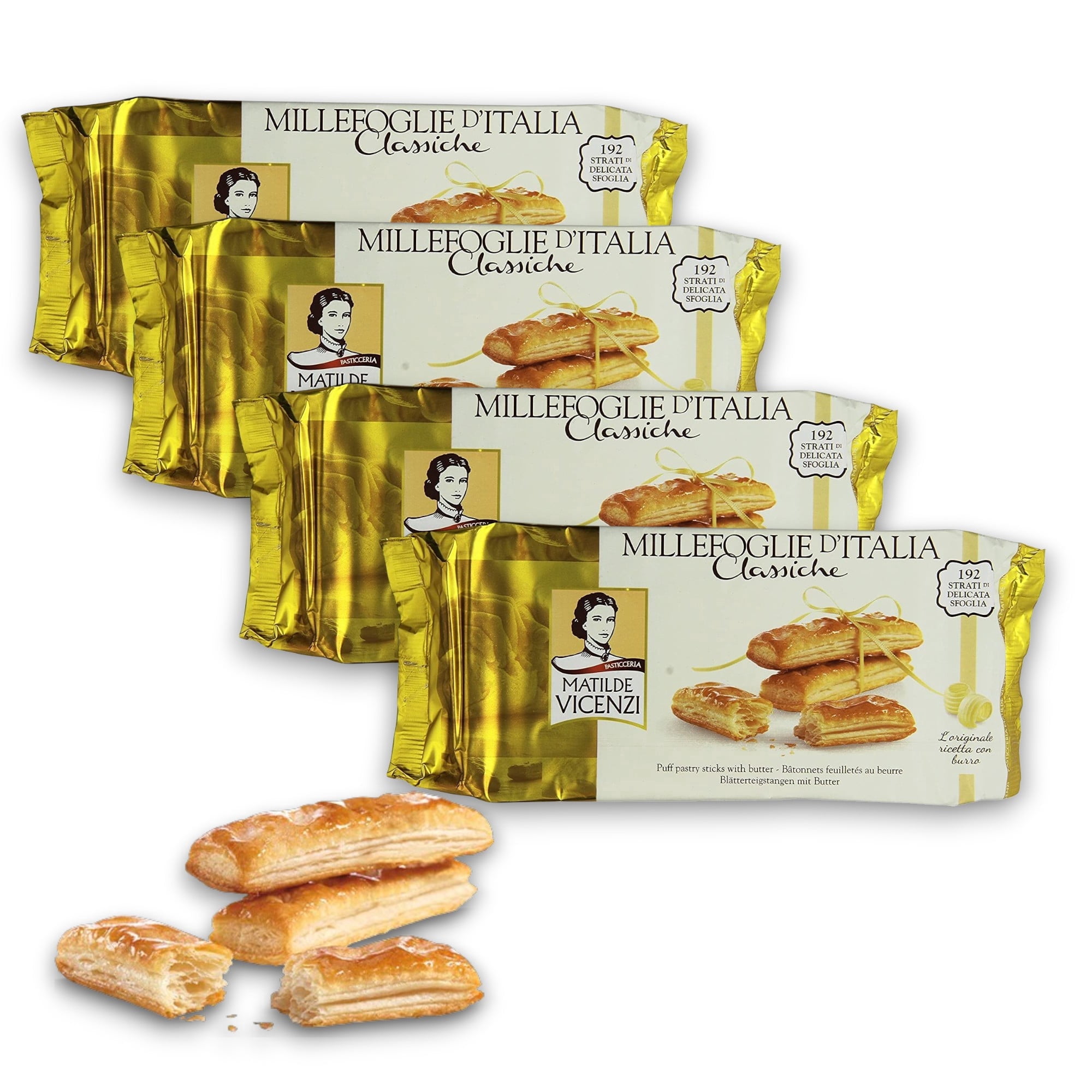 Millefoglie D'Italia Classiche by Pasticceria Matilde Vicenzi | Gourmet Italian Puff Pastry Cookies | Made in Italy | 4.41oz (125g) Tray of 8 Pastries-Pack of 4 | All-Natural, Kosher