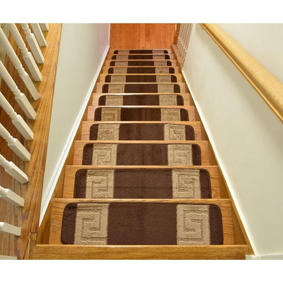 Millenium Stair Tread Treads Greek Key Design Indoor Skid Slip Resistant Carpet Stair Tread Treads Greek Key Design Machine Washable 8 ½ inch x 30 inch (13 Piece, Meander Brown)