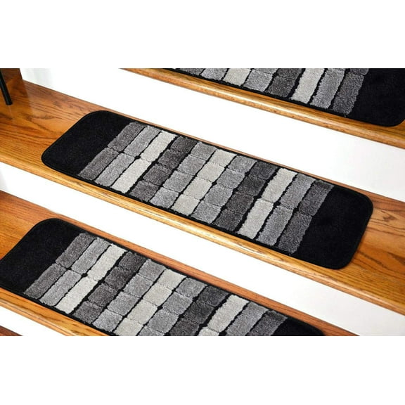 Millenium Stair Tread Treads Indoor Skid Slip Resistant Carpet Stair Tread Treads Geometric Design Machine Washable 8 ½ inch x 30 inch (Set of 13, Squares Grey Black)