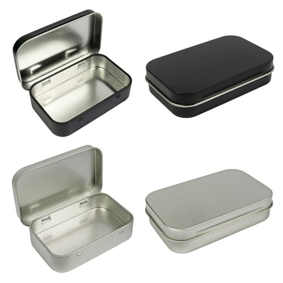 4 Pack Metal Rectangular Empty Hinged Tins Box Containers 3.75 by 2.45 by 0.8 Inch Silver & Black Mini Portable Box Small Storage Kit Home Organizer (2 Black 2 Silver)