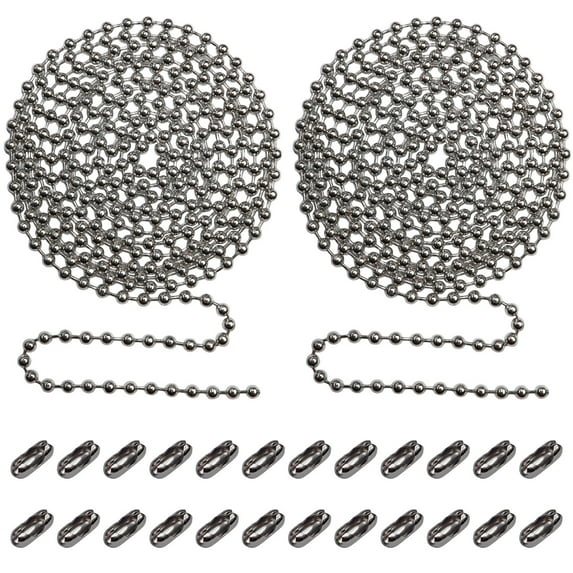 Beaded Pull Chain Extension with Connector for Ceiling Fan or Light (2pc in One Package) 10 Feet Beaded Roller Chain with 12 Matching Connectors Each (3.2mm Diameter, Silver)