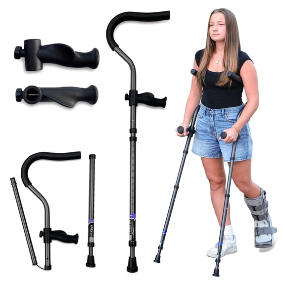 Tall (5'10" - 7'1") | in-Motion Pro Crutches | Foldable Crutches| Crutches for Adults with Ergonomic Handles | Spring Assist Technology | Articulating Tips | Charcoal Grey