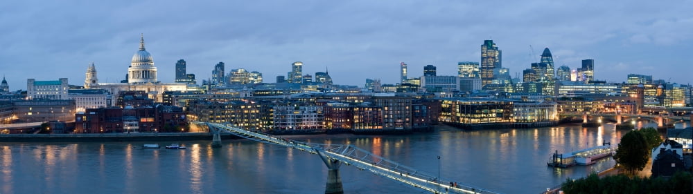 Millennium Bridge and St Pauls Cathedral at dusk Thames River London England Canvas Art - Panoramic Images (36 x 12)