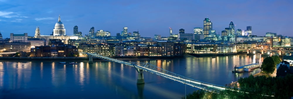 Millennium Bridge and St Pauls Cathedral at dusk Thames River London England Canvas Art - Panoramic Images (36 x 12)