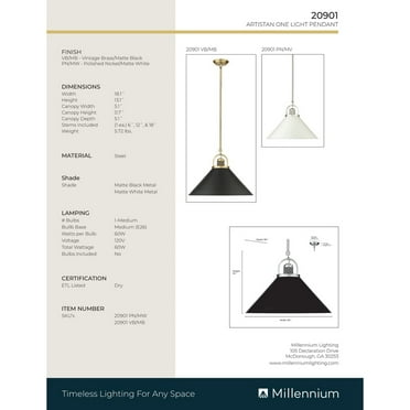 Millennium Lighting  Artistan 1 Light Pendant Fixture 18.1 Inch - Polished Nickel/Matte White