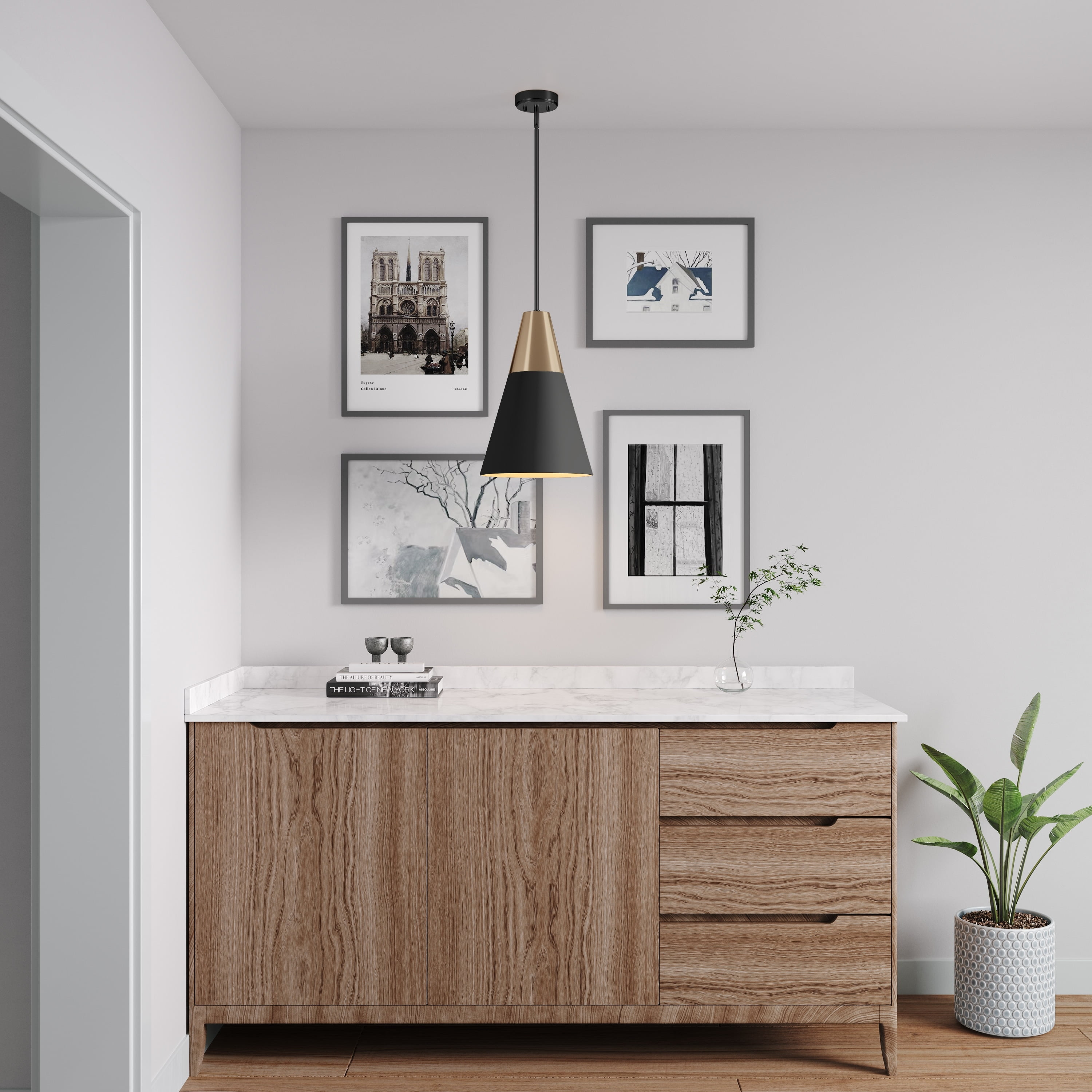 Matte Black and Gold Mid-Century Modern Pendant Light