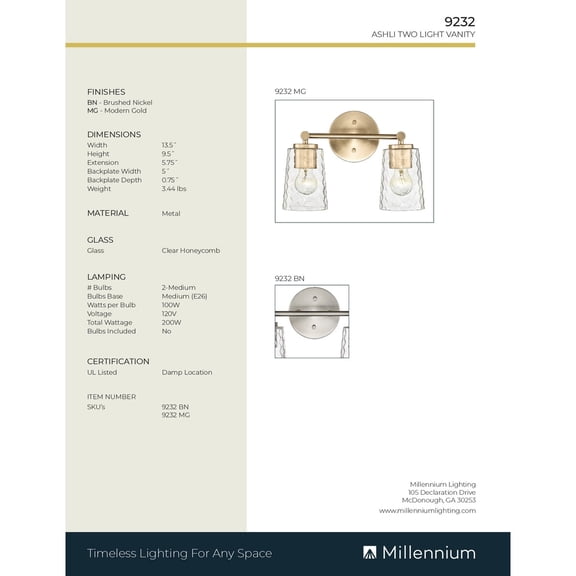 Millennium Lighting  Ashli 2/4 Light Vanity Light with Clear Honeycomb Glass Shades 2 Light - Modern Gold