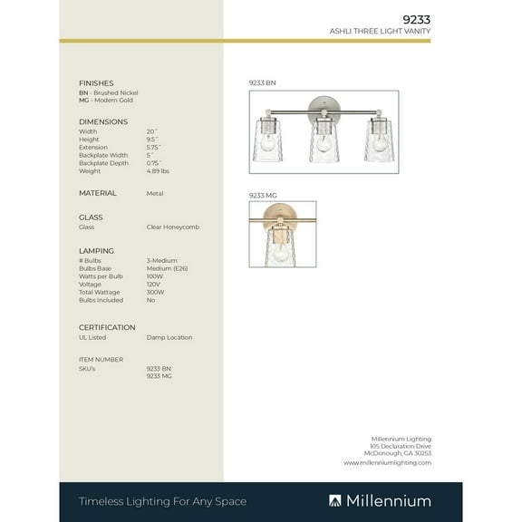 Millennium Lighting  Ashli 2/4 Light Vanity Light with Clear Honeycomb Glass Shades 3 Light - Modern Gold