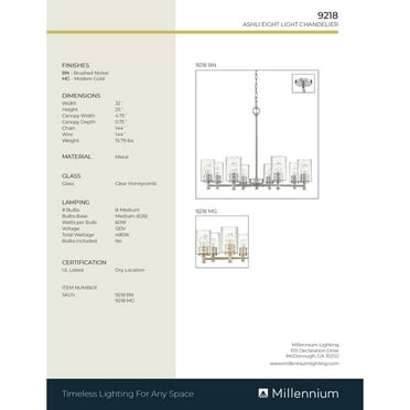 Millennium Lighting  Ashli 3 Light Chandelier with Clear Honeycomb Glass Shades 8 Lights - Modern Gold