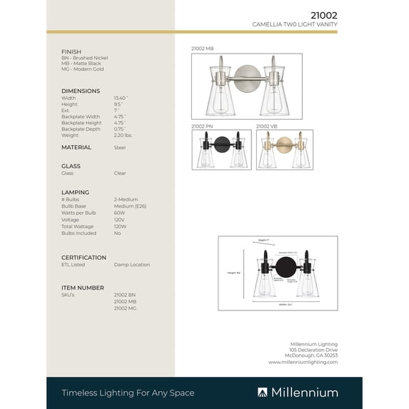 Millennium Lighting Camellia 2/3/4 Light Vanity Fixture 2 Light - Brushed Nickel