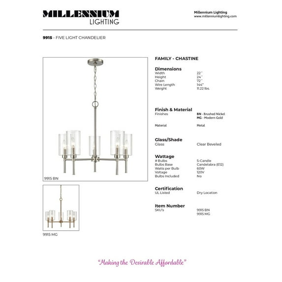Millennium Lighting Chastine Chandelier Light Fixture Brushed Nickel 5 5 Light Brushed Nickel