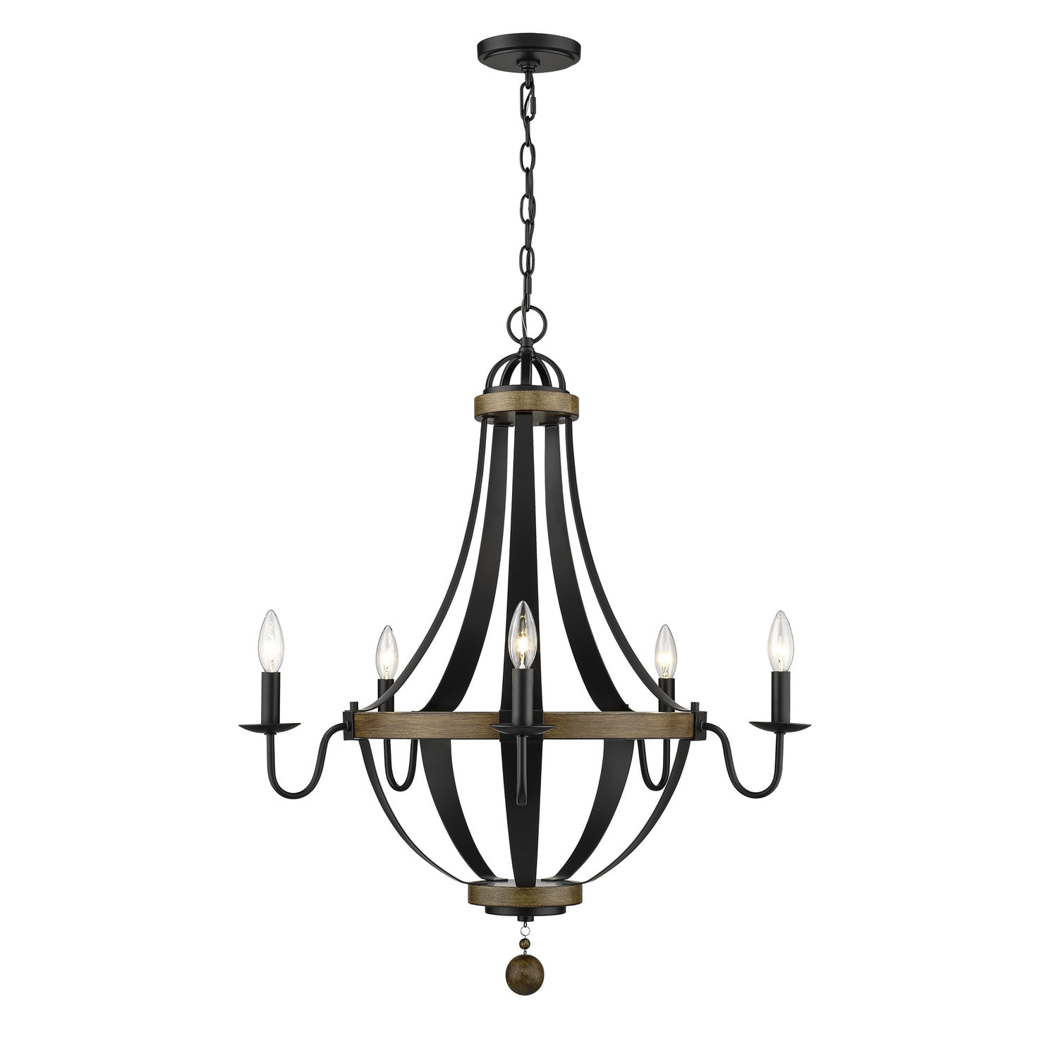 Ellijay Matte Black and Wood Tone 5-Light Taper Candle Chandelier