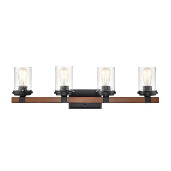 Millennium Lighting Taos 4 Bathroom Vanity Light in Matte Black/Wood Grain with Seeded Glass shades