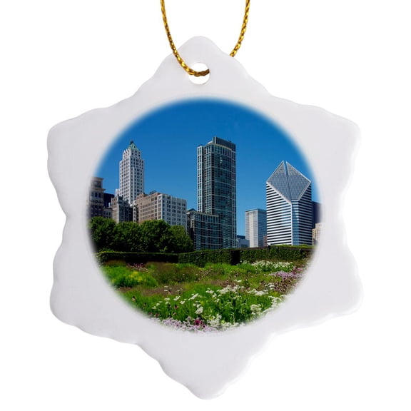 3drose, Millennium Park with Michigan Avenue Skyline, Chicago, Illinois, 3 inch Snowflake Porcelain Ornament
