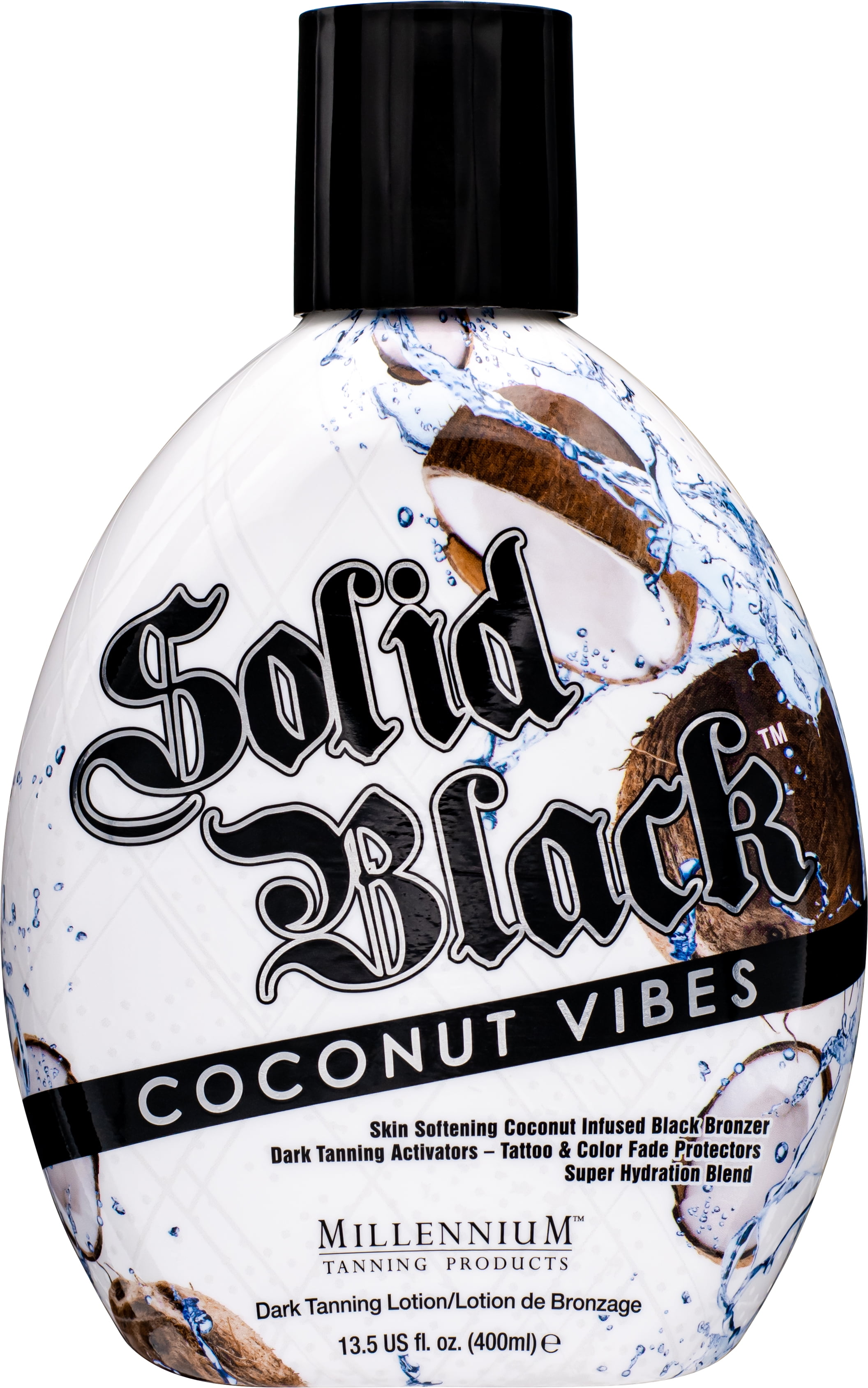 Millennium Tanning Solid Black COCONUT VIBES Infused Black Bronzer Dark Tanning Activators - Tattoo & Color Fade Protectors Super Hydration Blend Indoor/Outdoor Tanning Lotion 13.5 fl oz