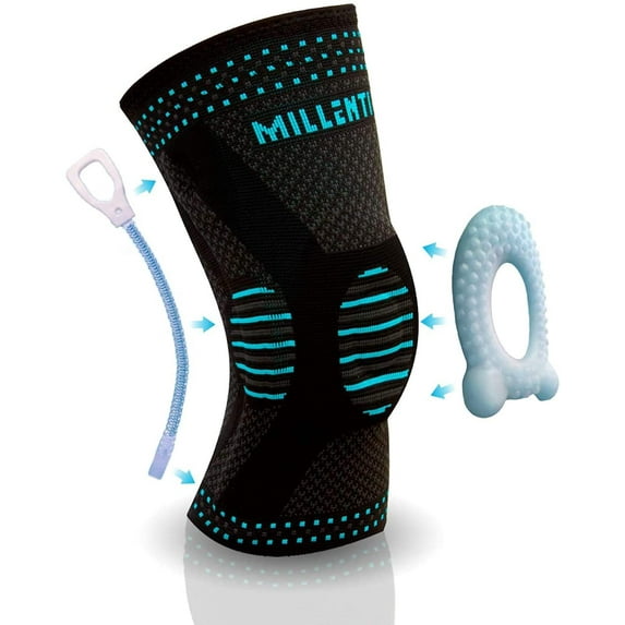 Millenti Knee Brace Compression Sleeve with Side Stabilizers & Patella Gel Pad for Knee Pain Running, Arthritis, ACL, Basketball, Football, Gym, Meniscus Tear, Single, Black Blue, Large, KB02LBU