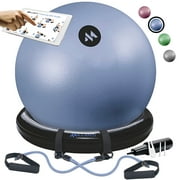Millenti Yoga Ball Chair with Stability Base Ring & Fitness Resistance Bands for Home, Gym, Pilates Ball, Office Chair, Birthing Ball Blue with Workout Chart, YB2LBL