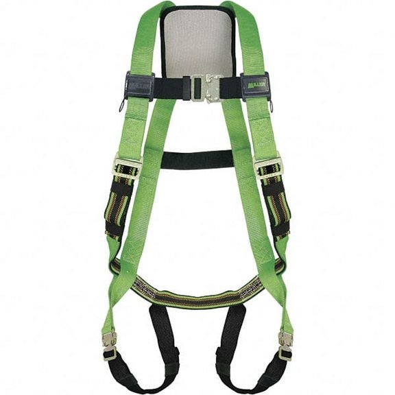 Miller 400 Lb Capacity, Size Universal, Full Body Construction Safety Harness Polyester Webbing, Quick Connect Leg Strap, Quick Connect Chest Strap, Green/Black