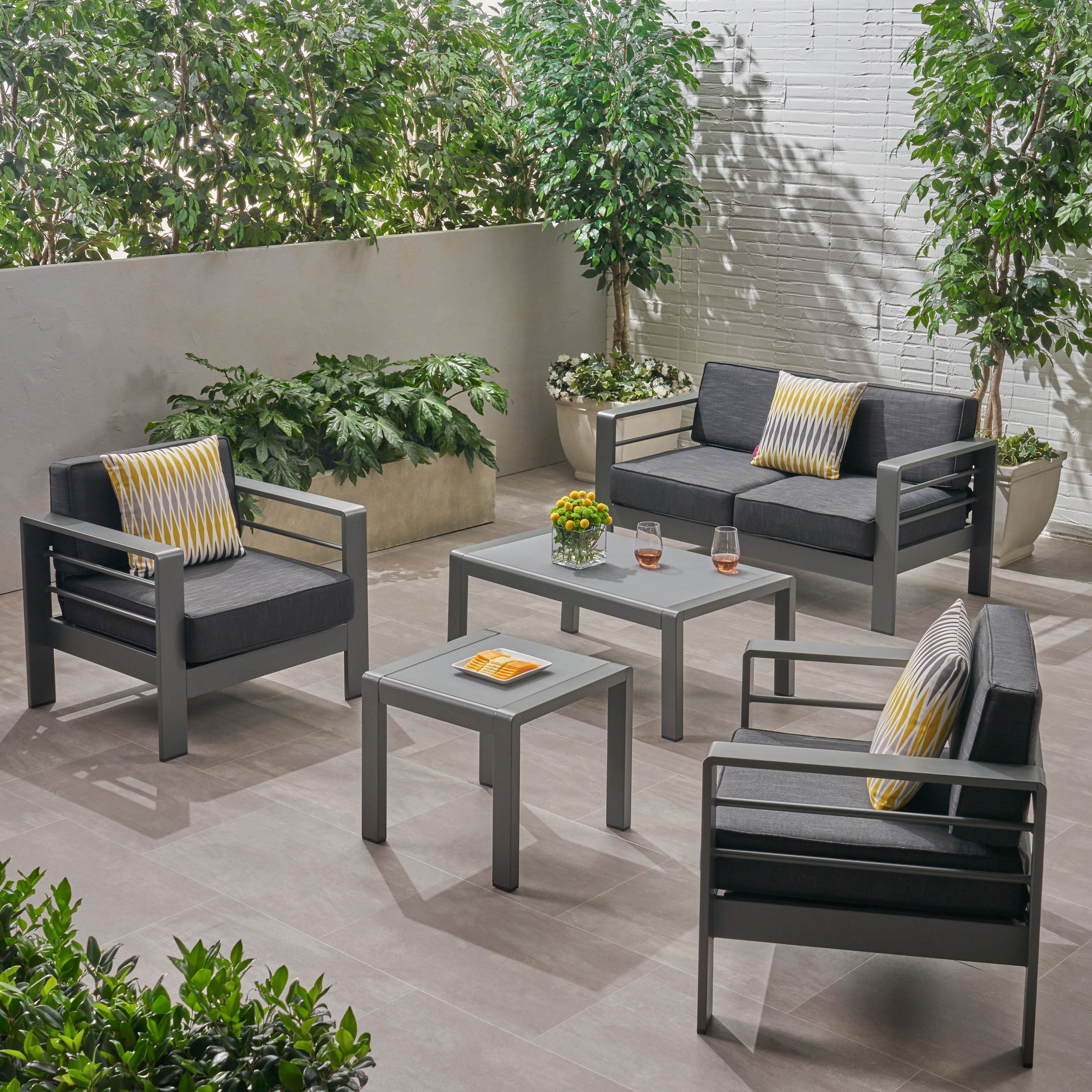 Noble House Cape Coral Outdoor 4 Seater Aluminum Chat Set with Side ...