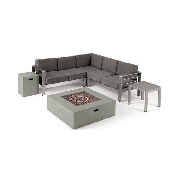 Miller Coral Outdoor 5 Seater Aluminum Chat Set with Fire Pit, Silver and Light Gray