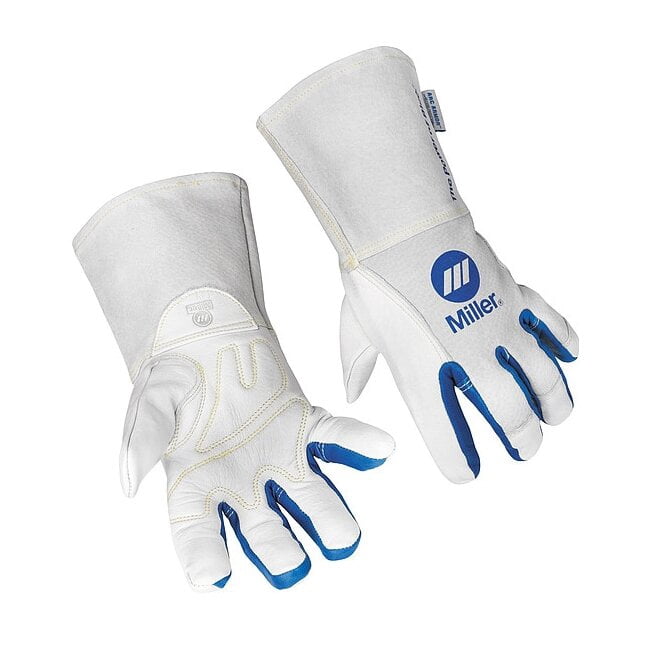 Miller Electric Welding Gloves – Medium, White/Blue/Black, Premium Cowhide Grain, Spandex Back, Kevlar Stitching, 5\" Cuff