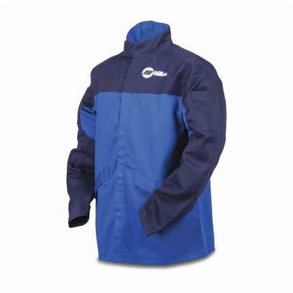 Welding Jacket, Indura, 9 oz, 30 in Length, Snaps Closure, 2 Pockets, Blue, M