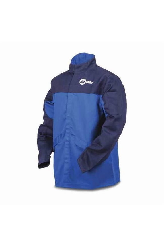 Welding Jacket, Indura, 9 oz, 30 in Length, Snaps Closure, 2 Pockets, Blue, M