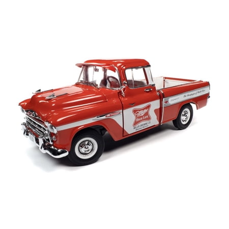 Miller High Life 1957 Chevy Cameo Pickup Truck, Red and White - Auto World AW287 - 1/18 scale Diecast Model Toy Car